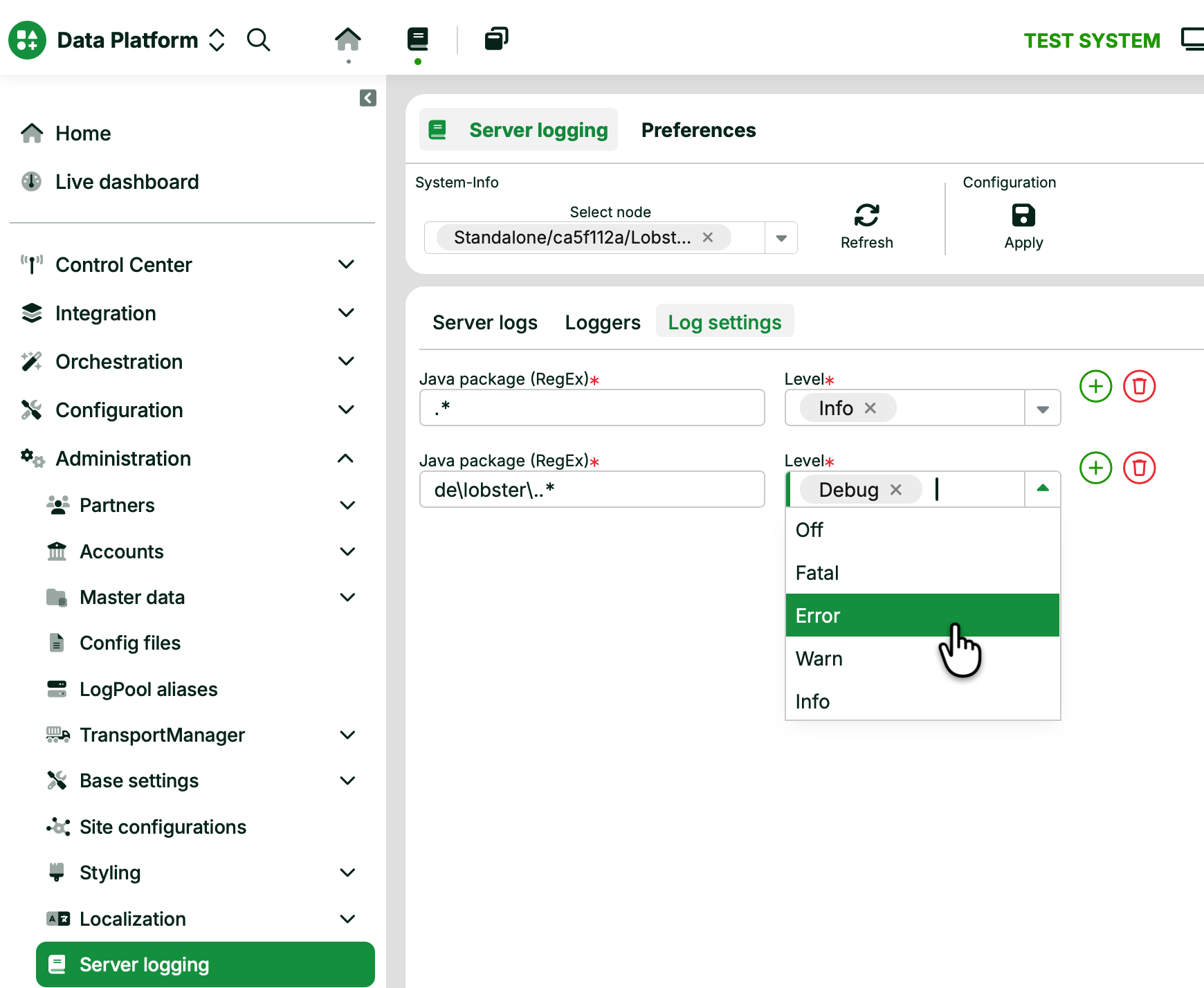 Configuration settings for server logging, including Java package and log level options.